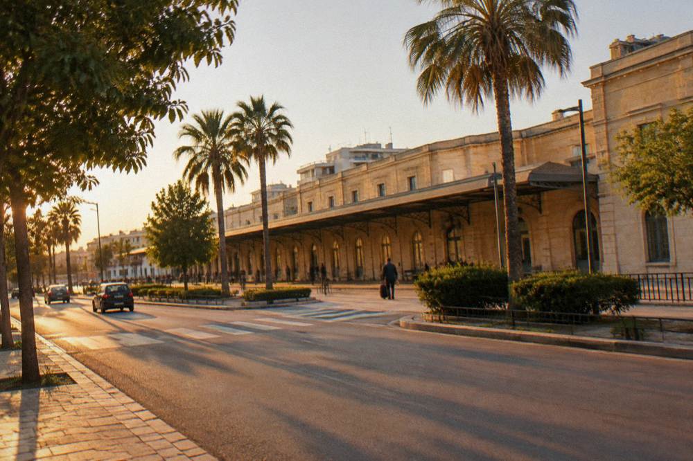 Wide city avenue with trees and low buildings near the station