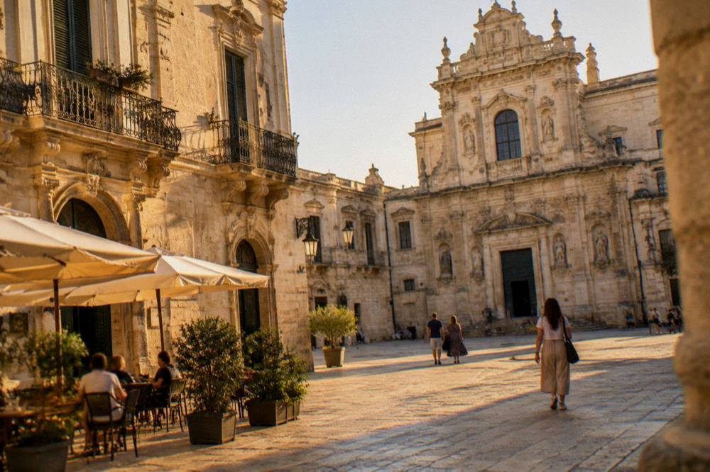 A sunlit baroque square enclosed by pale limestone buildings