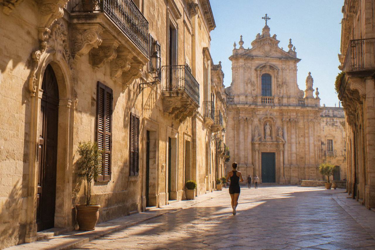 Ornate baroque church facade in warm golden stone under a clear sky in Lecce