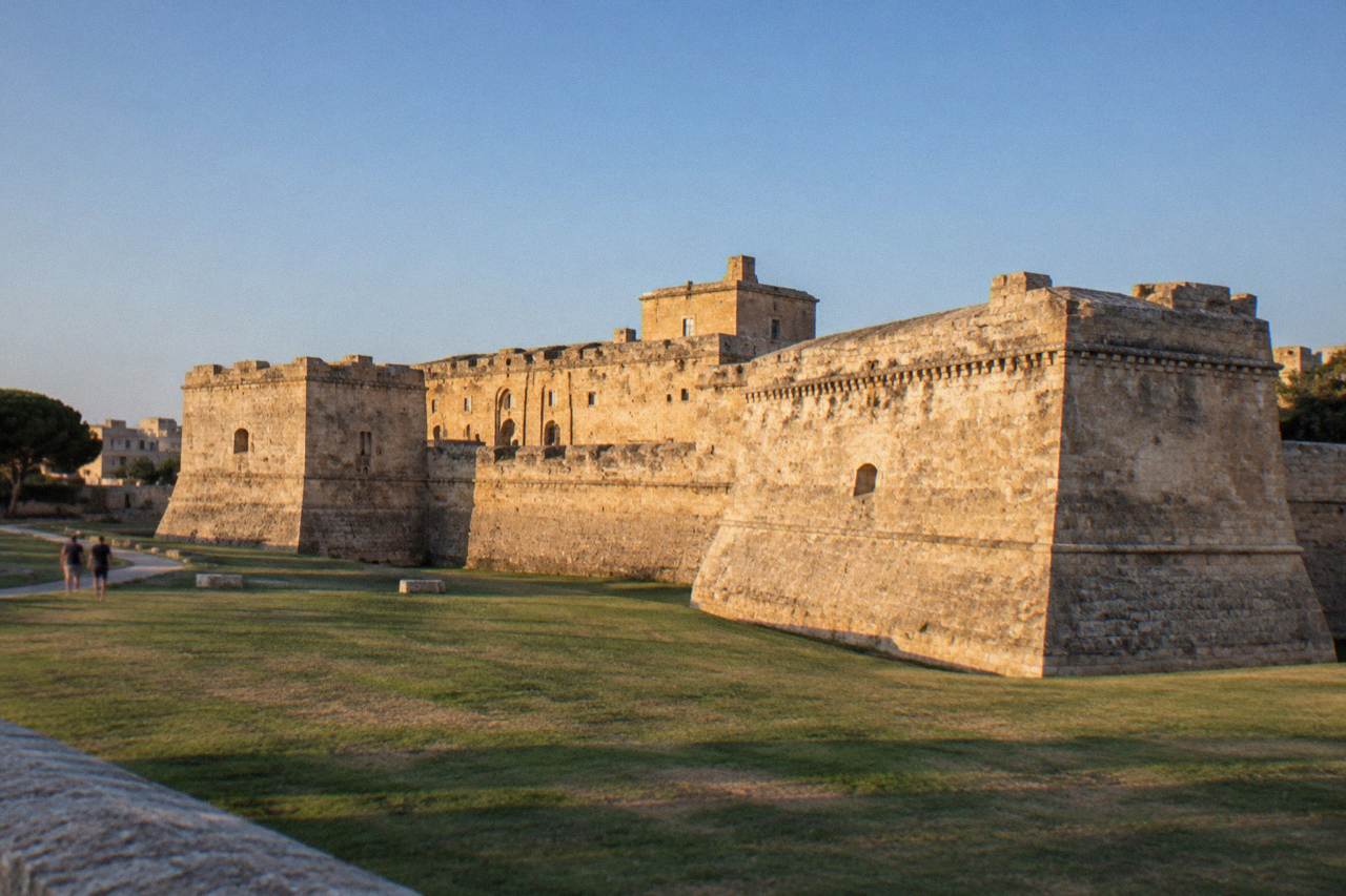 The stone walls and angular bastions of Castello Carlo V in Lecce under a clear sky