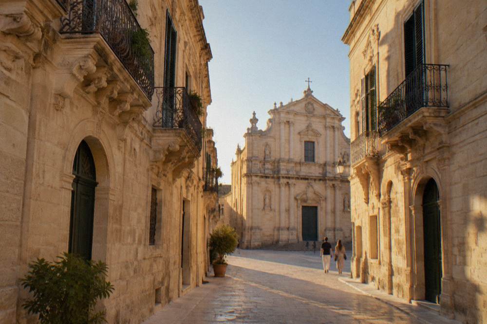 A side street in Lecce with pale limestone buildings leading toward a church facade