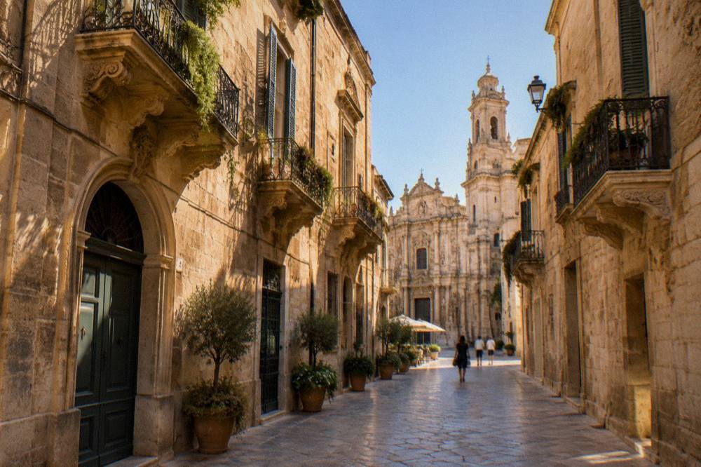 Evening light on limestone buildings in a narrow street of Lecce's old town