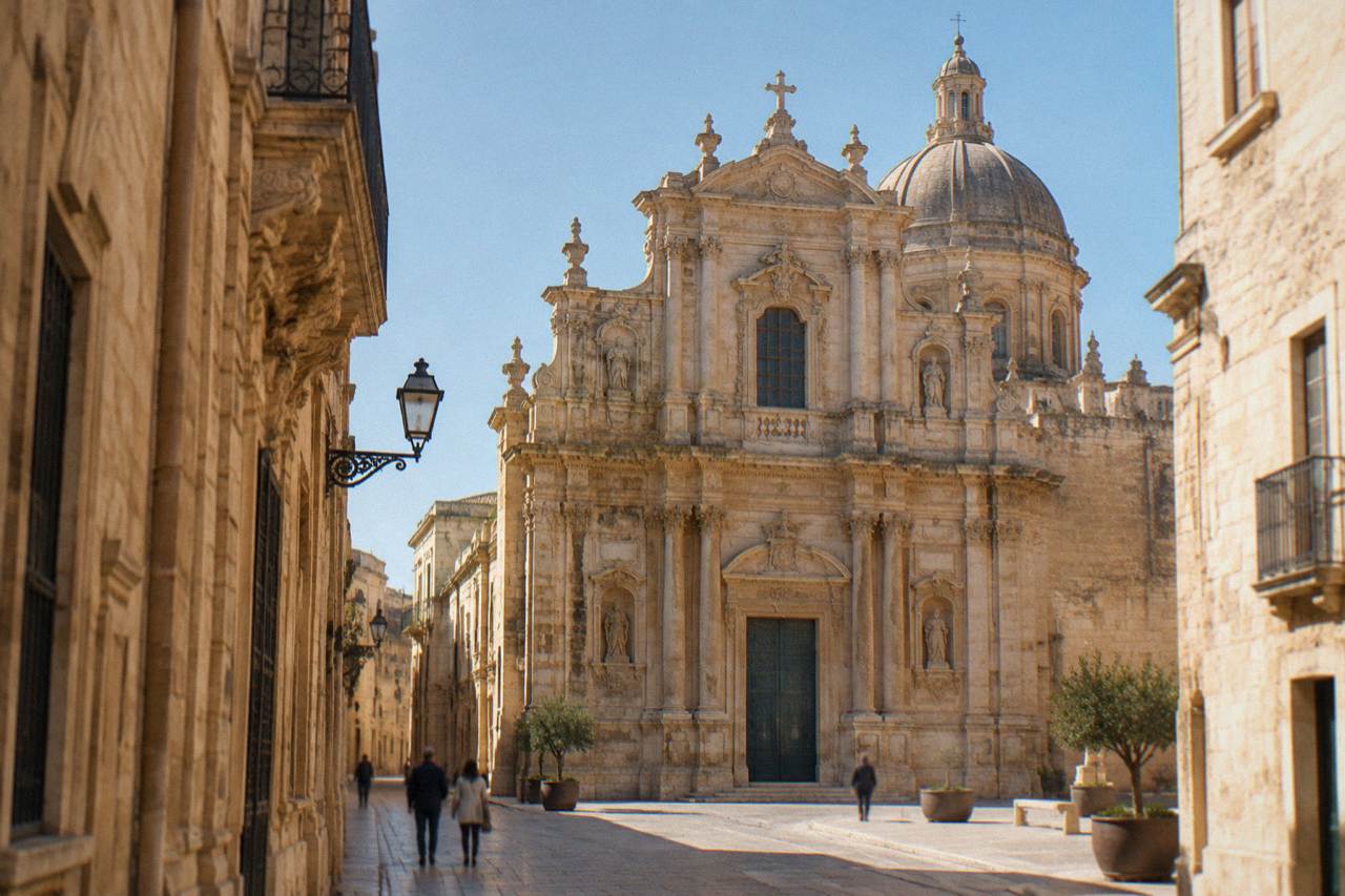 Baroque stone facade of the Chiesa di Sant'Irene on a narrow street in Lecce