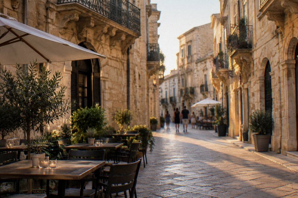 Evening light on a limestone street with cafes in Lecce's old town