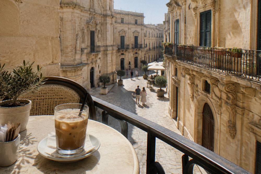 Iced coffee with almond milk served at a cafe table in Lecce