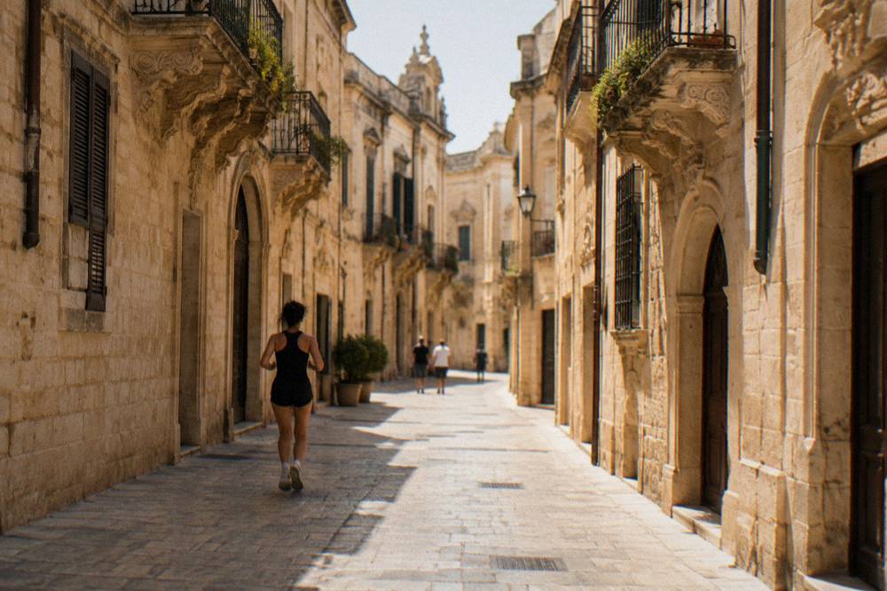 Old town street with pale stone buildings in evening light