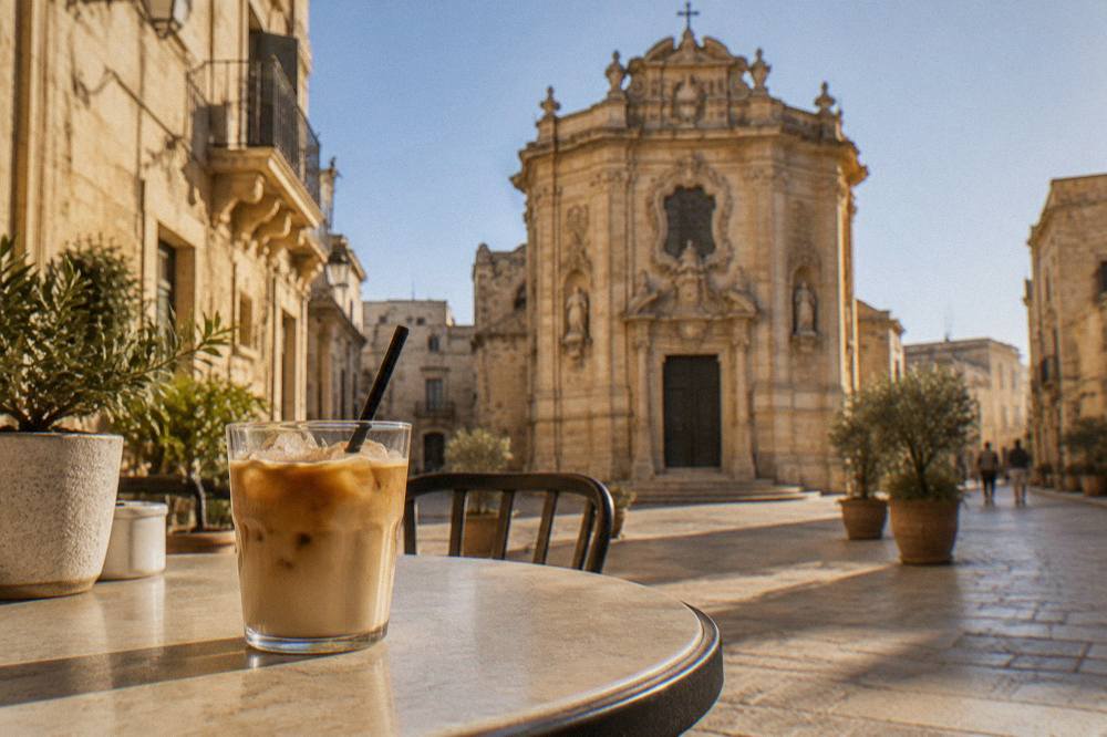Iced coffee with almond milk served on a cafe table