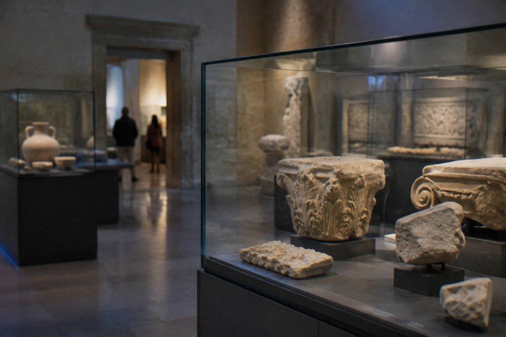 Stone archaeological finds arranged in glass cases in a Lecce museum room