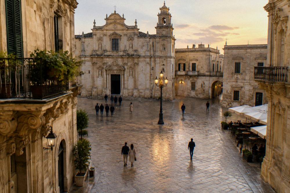 Evening light on a Lecce piazza after a museum visit
