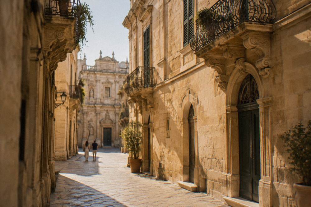 Warm limestone buildings meeting over a narrow lane in old Lecce