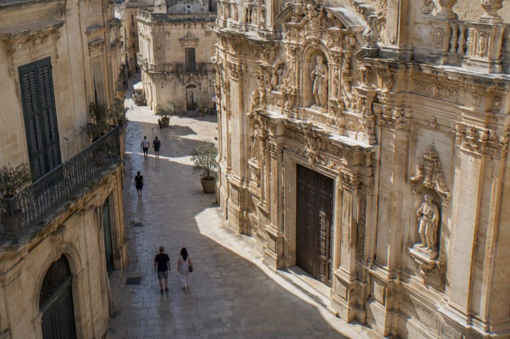 Detailed baroque stone carving on a church facade in Lecce