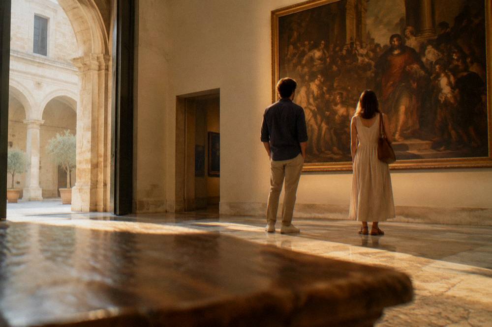 Two visitors looking at a large historical painting on a museum wall