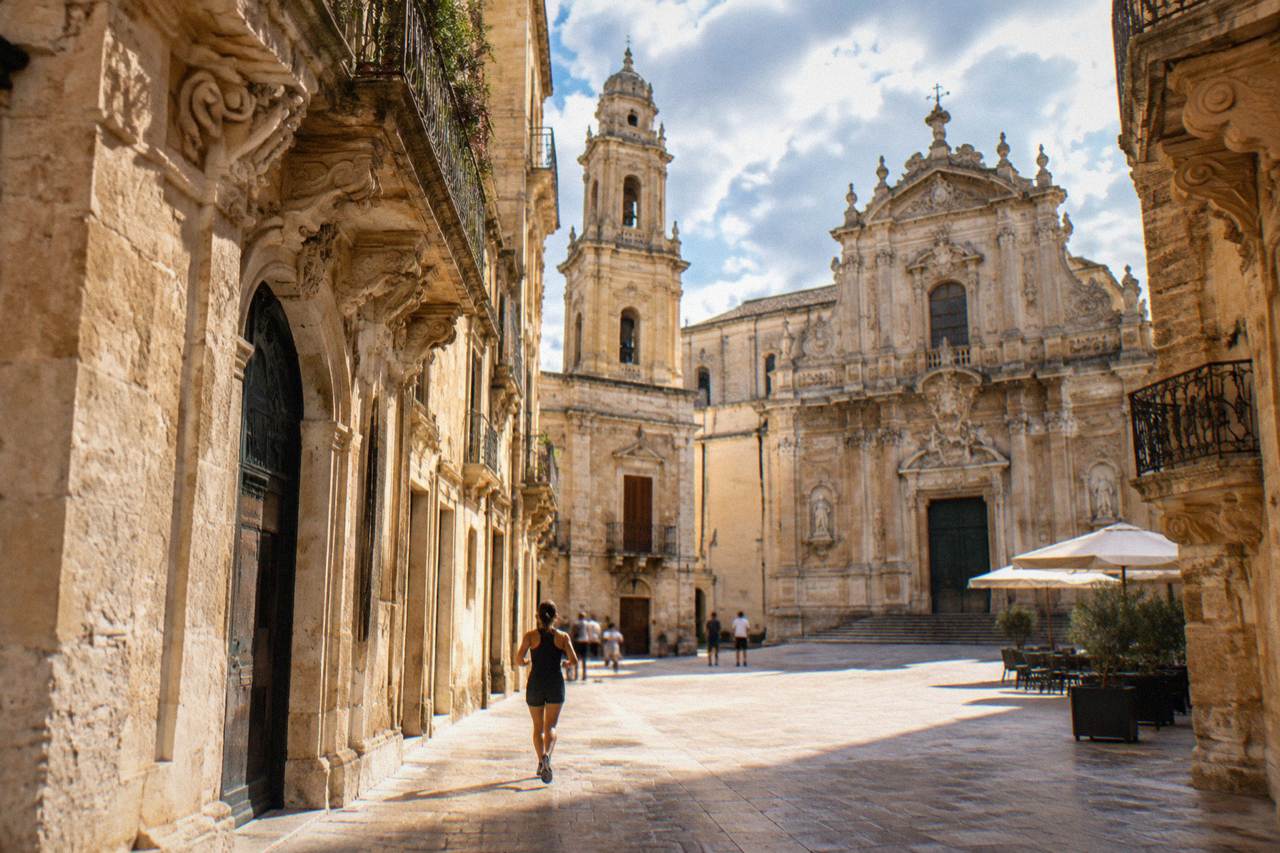 A baroque limestone palace facade with ornate carved detail beside a church in an Italian square