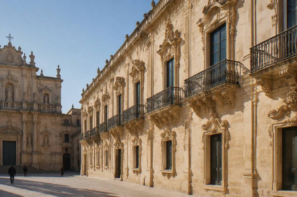 A close view of carved window surrounds and pilasters on a pale limestone palace facade