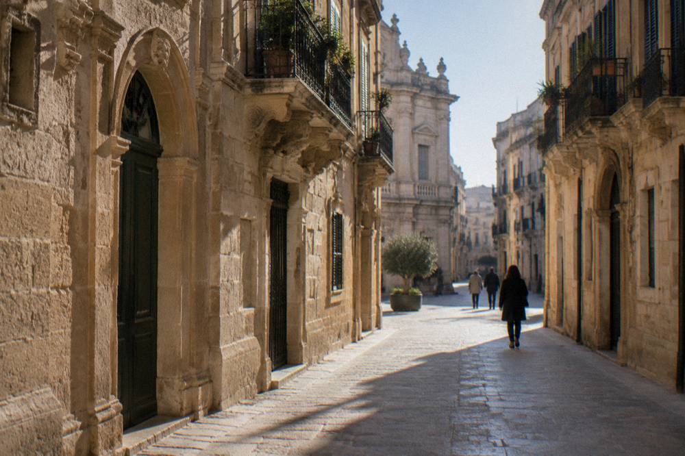 A pedestrian lane in a southern Italian old town with pale stone buildings