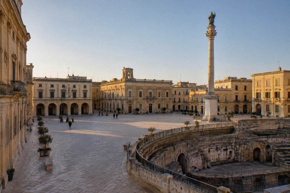 Open limestone square with a tall column and low historic buildings, empty in morning light
