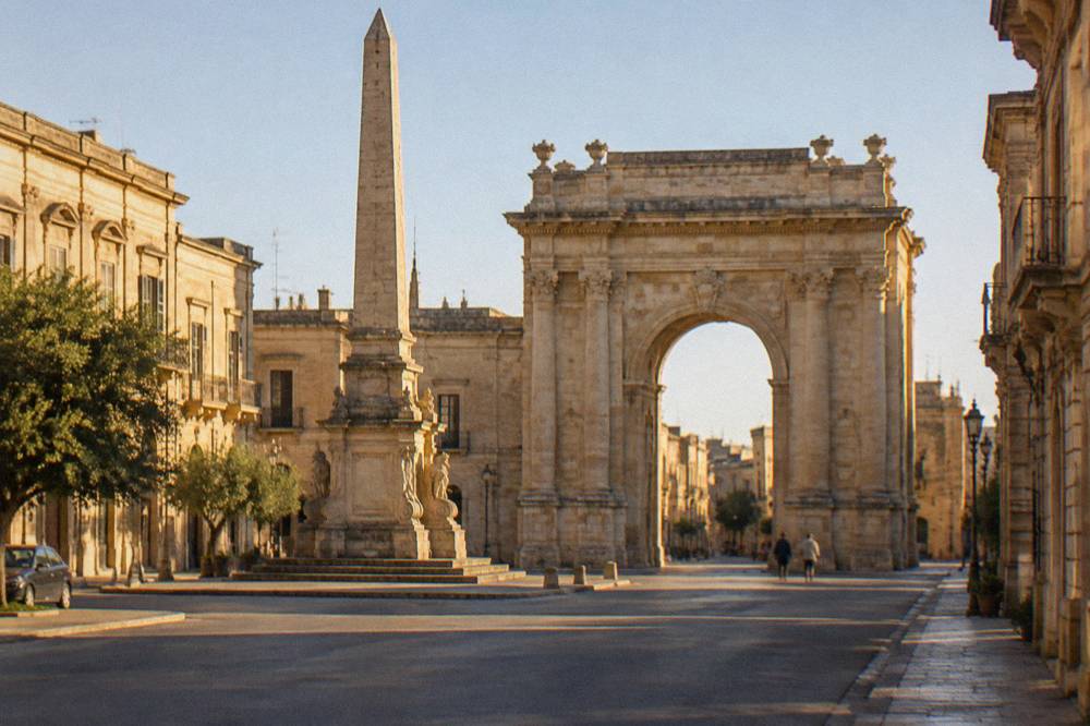 A stone obelisk on a decorated base standing in an open square in front of a triumphal arch