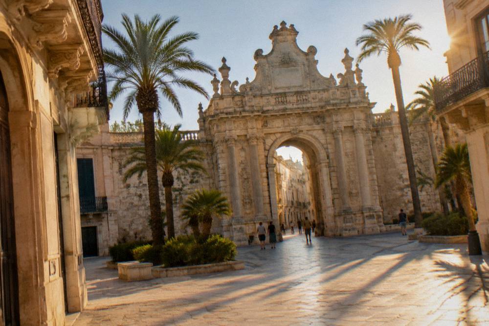 A triumphal stone gate in Lecce seen from a sunny square with palm trees