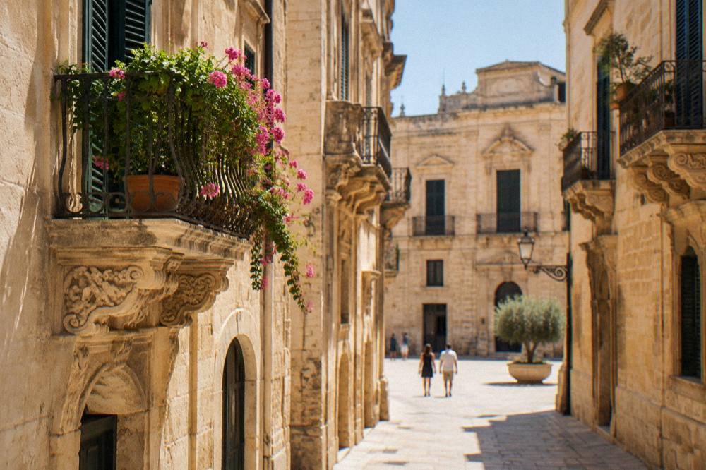 Golden limestone buildings in Lecce glowing in late afternoon sunlight