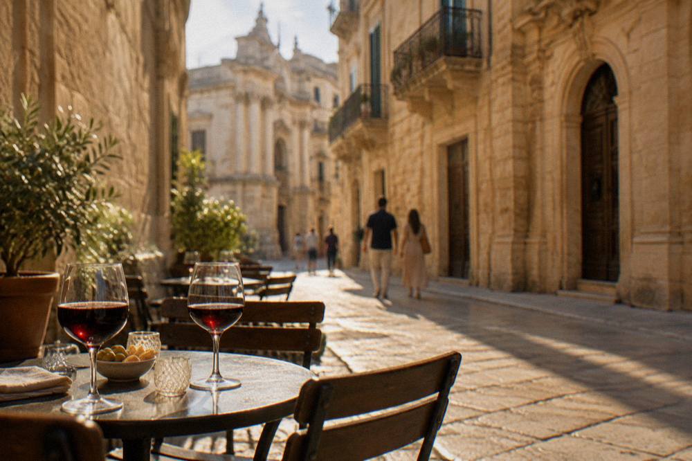 Evening tables and glasses of red wine set out on a stone street in Lecce's old town