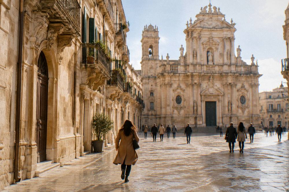 Sunlit baroque square with a cathedral facade and visitors walking across pale stone paving