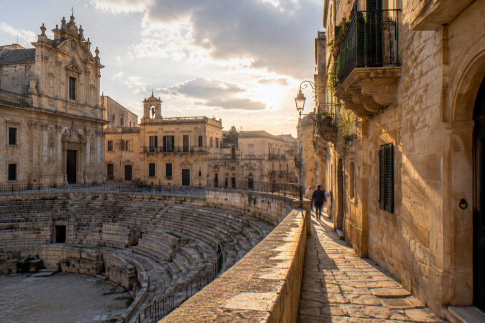 Evening view of a narrow Lecce street with warm stone walls above the sunken Roman theatre seating