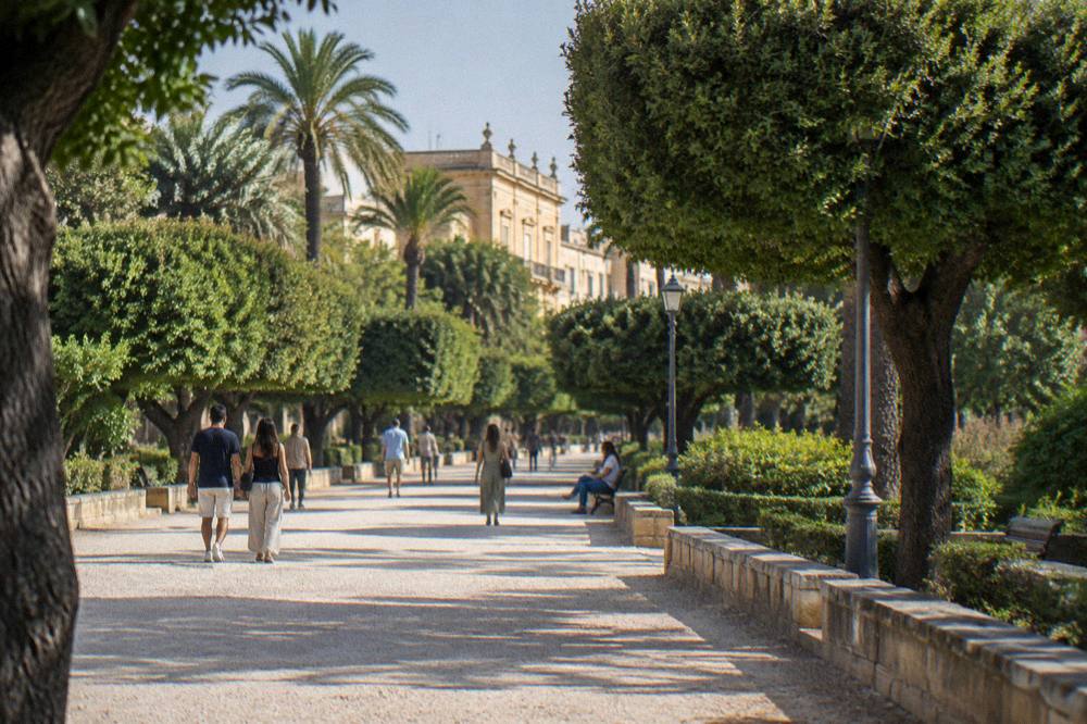 Wide garden promenade with rows of clipped trees and people strolling in warm light