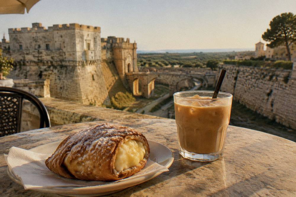A pastry filled with custard beside a glass of iced coffee with almond milk on a cafe table