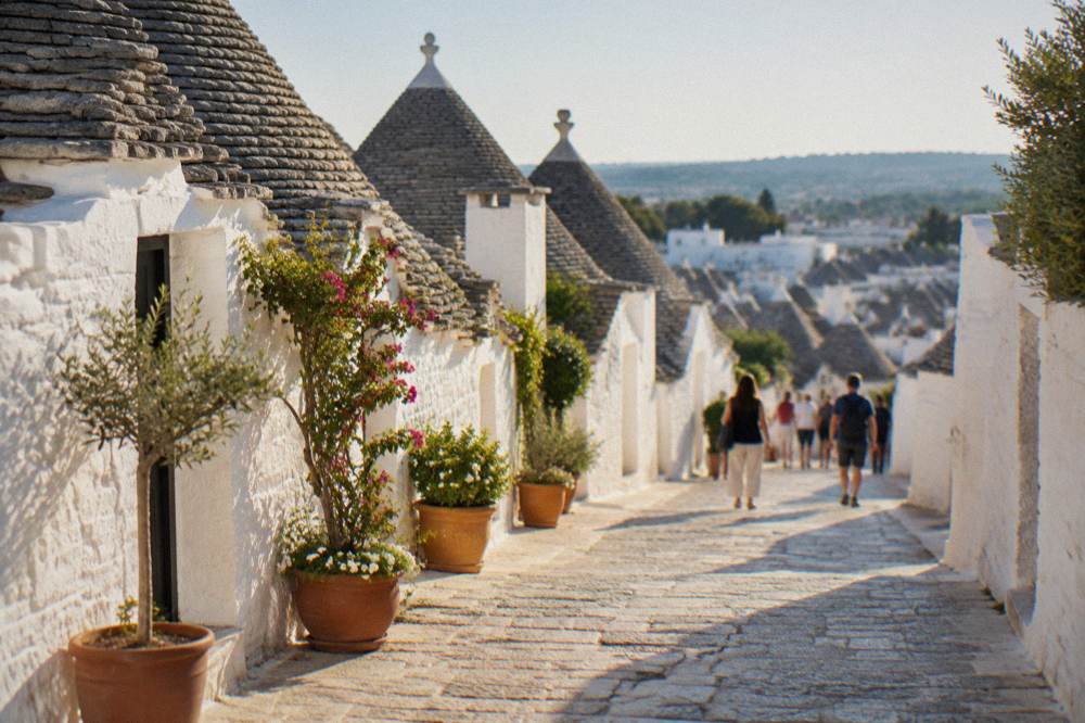 Trulli rooftops in soft evening light with potted plants along a wall