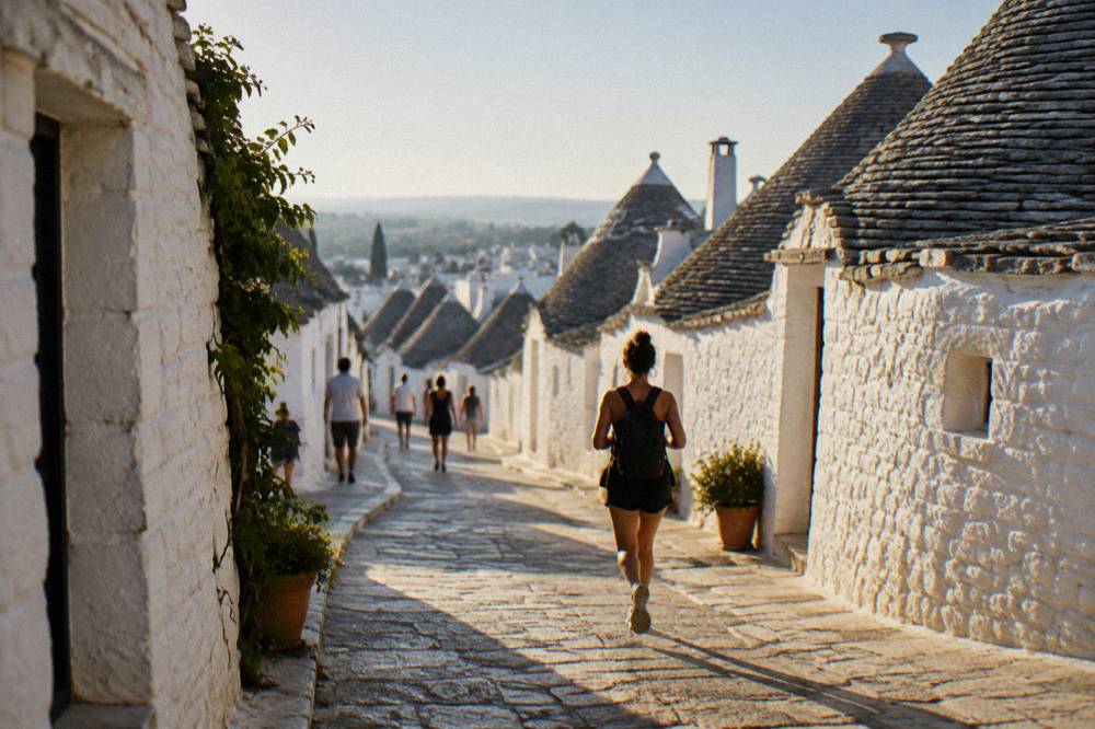 A stone lane curving between whitewashed trulli walls