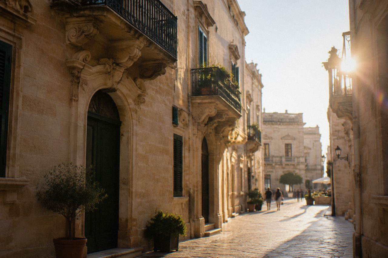 Sunlit stone buildings along a narrow old town street in a southern Italian city