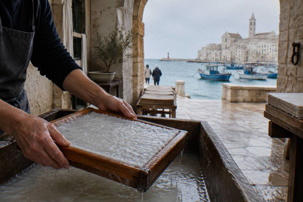 Hands shaping wet paper pulp over a wooden mould in a craft workshop