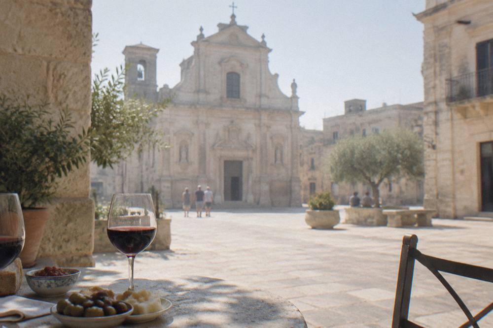 Glass of red wine and small plates on a stone table in an old courtyard