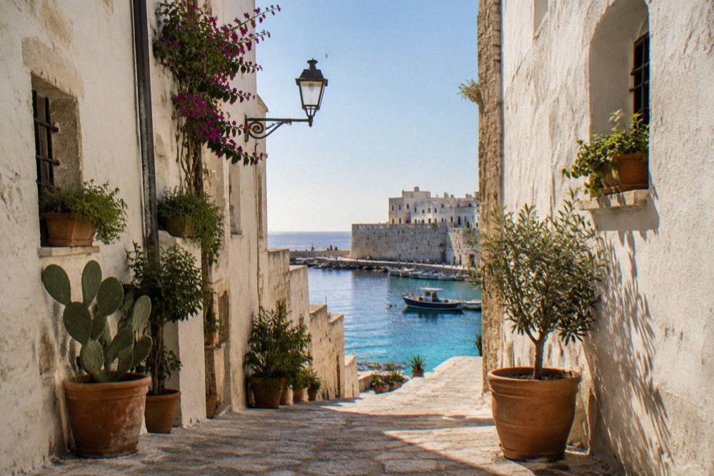 A narrow limestone alley in Gallipoli old town with whitewashed walls and potted plants
