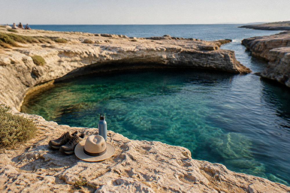 A pair of walking shoes, a hat and a water bottle on a rock above the sea