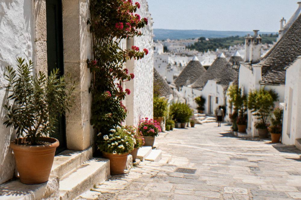 Stone street in a white Puglian hill town with potted plants beside the doors
