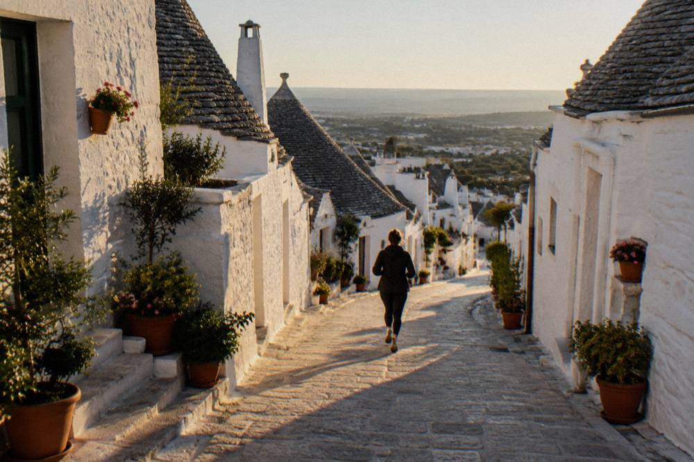 Golden evening light on the white facades of a hill town in the Valle d'Itria