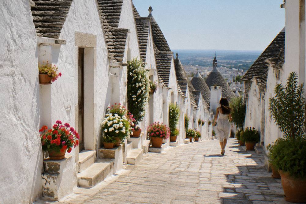 Row of white houses with pointed gables in a sunlit Locorotondo street