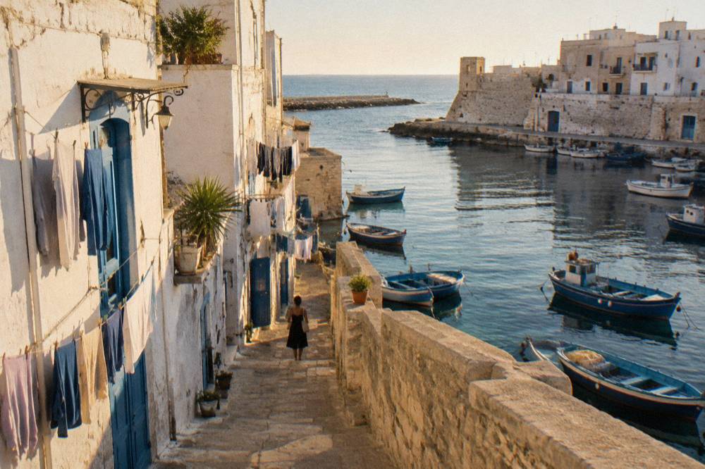 A narrow whitewashed lane in an old seaside town with blue doors and hanging laundry