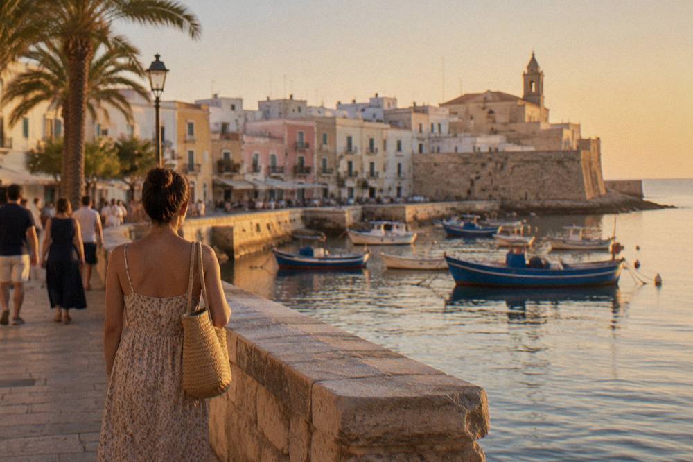 An evening promenade with pastel facades, palm trees and people strolling by the sea