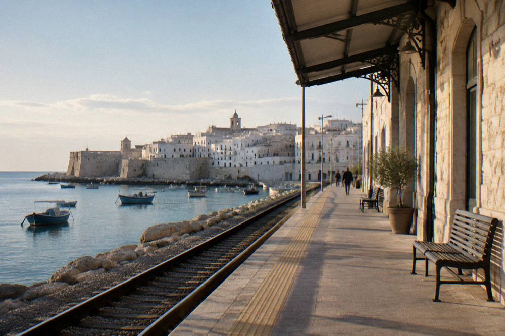 A train platform beside a pale stone station building under a warm late afternoon sky