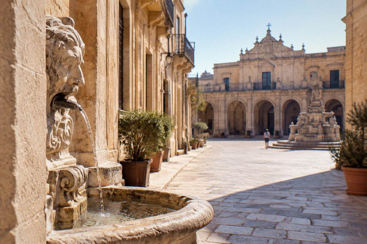 Golden limestone buildings and a quiet street in the old centre of Nardo in Puglia