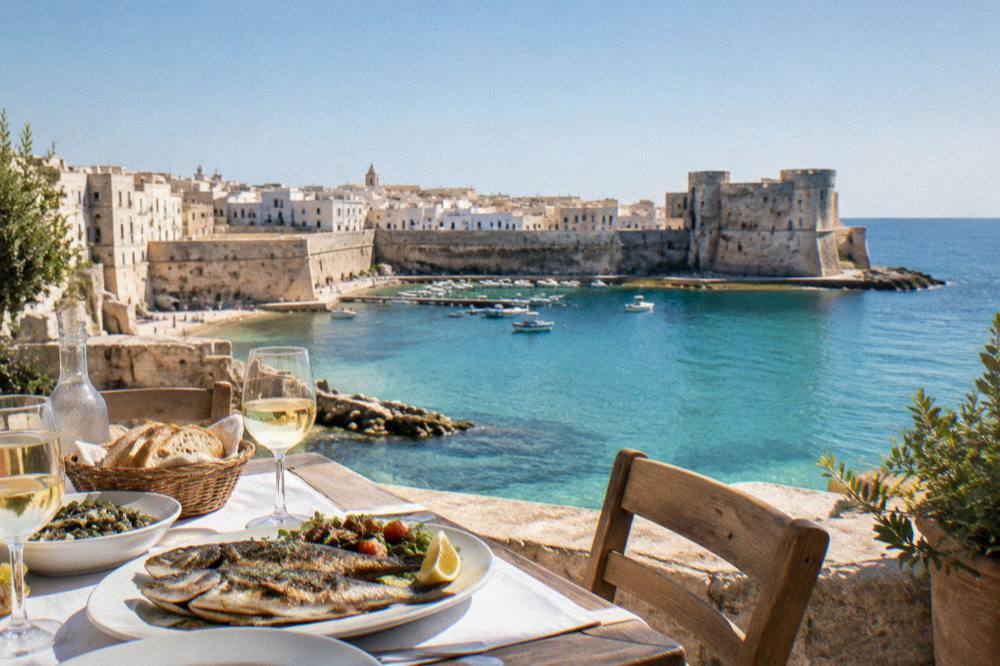 A seaside lunch table with grilled fish, bread and white wine on a terrace overlooking the harbour