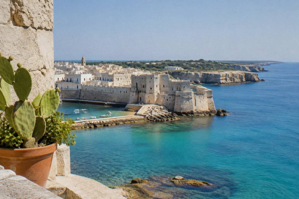 A view along the Salento coast with low limestone cliffs, turquoise water and green scrubland