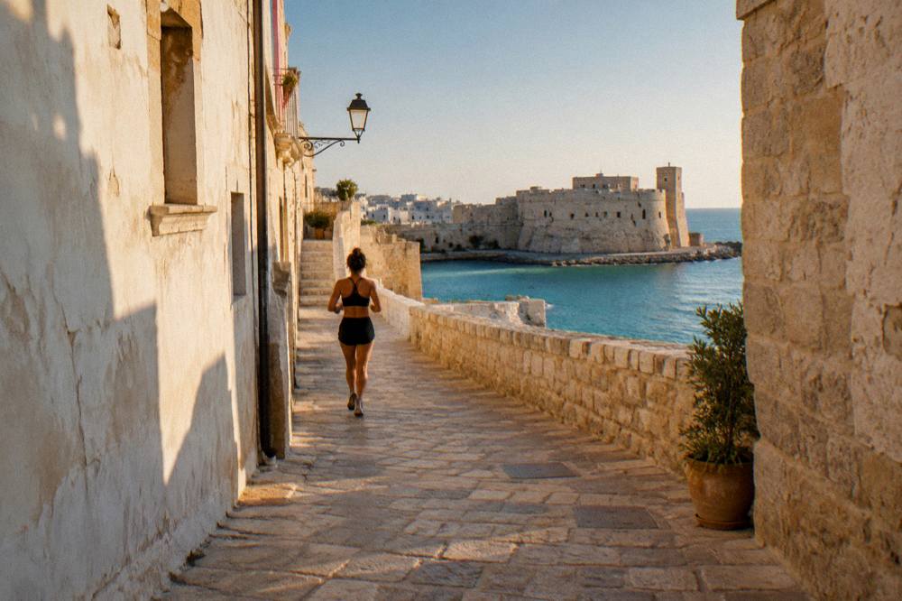 An empty stone lane in Otranto old town in warm late afternoon light, with blue sky above whitewashed walls