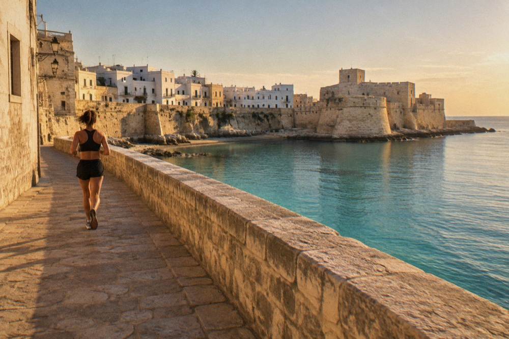 Whitewashed harbour town and castle walls above a turquoise bay