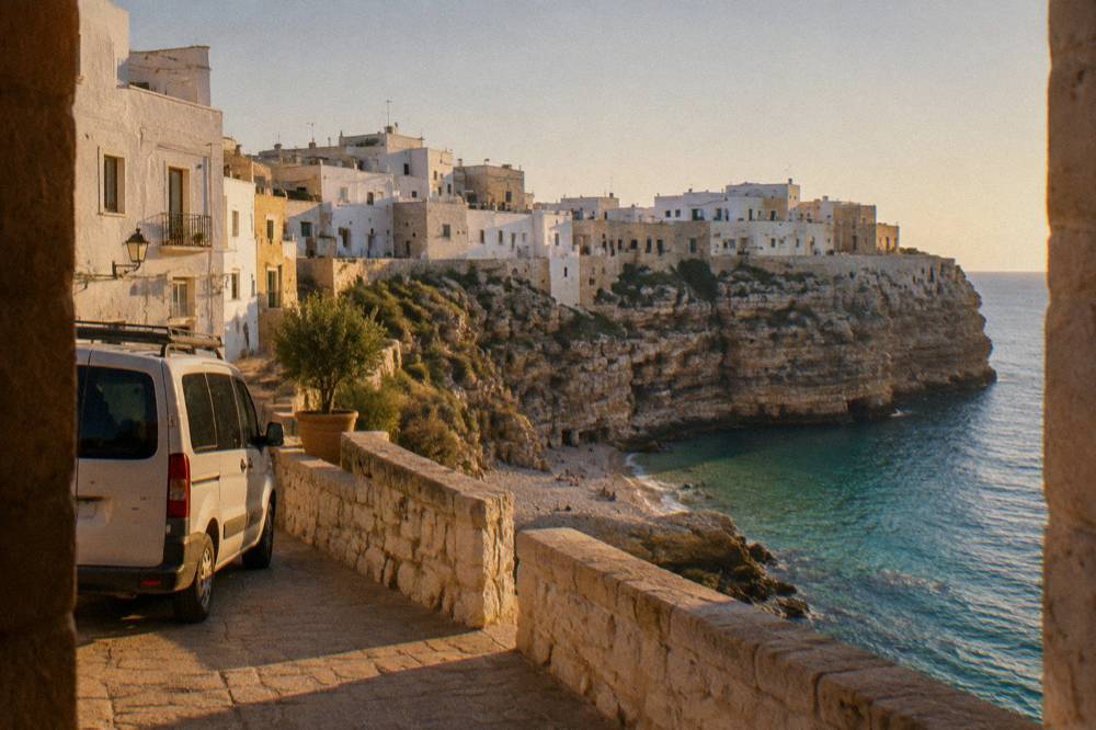A small van parked on a street in a whitewashed Puglian town ready for a day tour