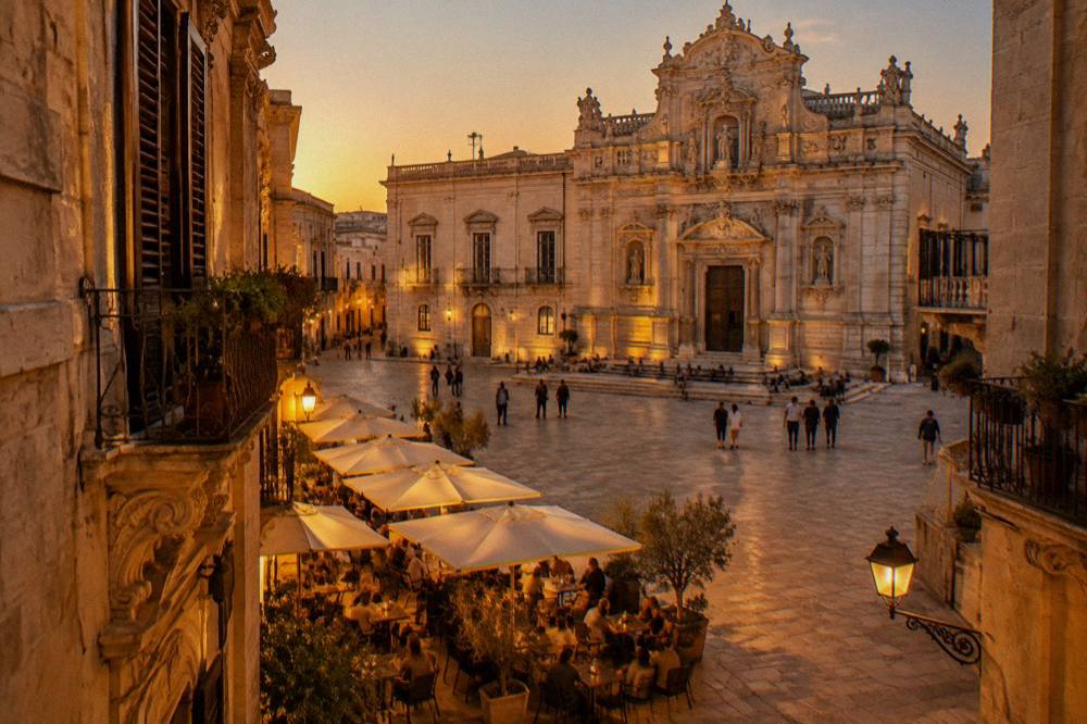 A lit piazza in Lecce at dusk with people seated at outdoor cafe tables
