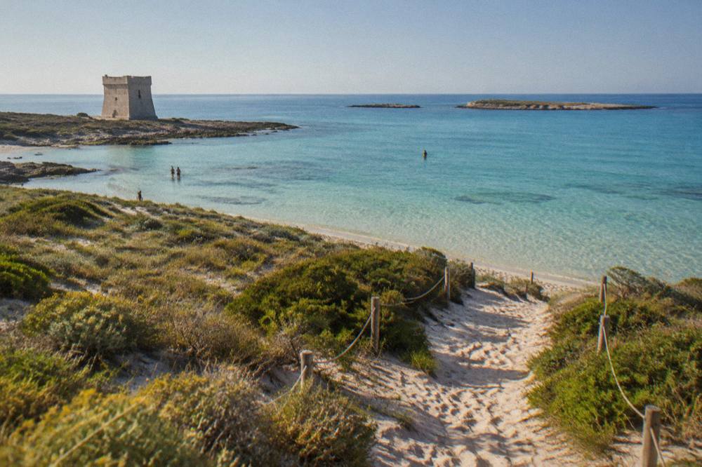 A sandy path through dunes and low Mediterranean scrub towards the sea