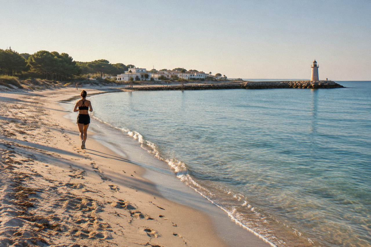 A low sandy shore with a pine forest behind it and calm Adriatic water in front